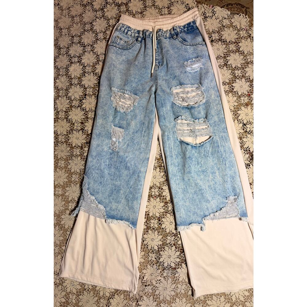 Two  sided pants with Distressed denim and softest cream jog pockets